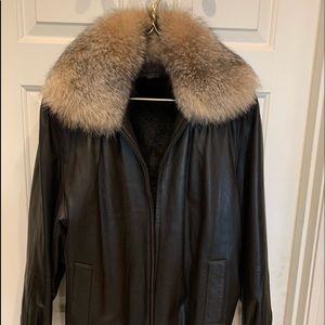 Brown leather 3/4 length fox collar bomber jacket